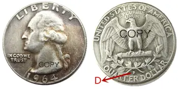 Монета-копия с серебряным покрытием Washington Quarter 1964D США 1964D