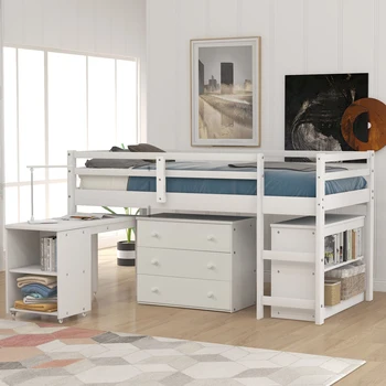 Низкая кровать-чердак для кабинета с двумя односпальными кроватями, шкафчиком и переносным столом на колесиках - белый