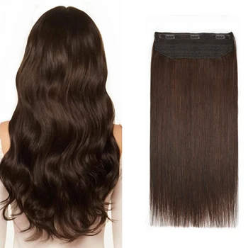 Прямая заколка для человеческих волос с невидимой секретной леской для наращивания волос, 16-26-дюймовые пряди для волос для женщин # 2 Темно-коричневый