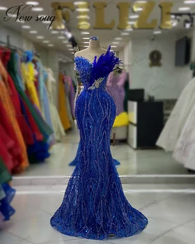 Королевские синие Вечерние платья с длинными перьями, сшитые на заказ Ближневосточными знаменитостями, Vestido De Fiesta, Роскошное платье для выпускного вечера в Дубае, расшитое бисером.