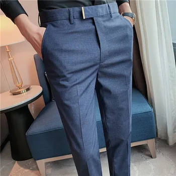 Осенние повседневные деловые мужские брюки в полоску 2023, Модные облегающие Длинные брюки для мужчин со средней талией, дизайнерские брюки Весенняя уличная одежда