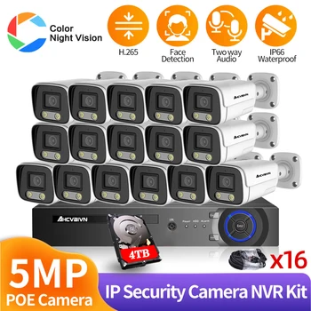 AHCVBIVN Камера Видеонаблюдения POE 5MP Цветная Ночного Видения Безопасности Проводное Наружное Видеонаблюдение IP NVR Комплект Акустической Системы XMEye P2P