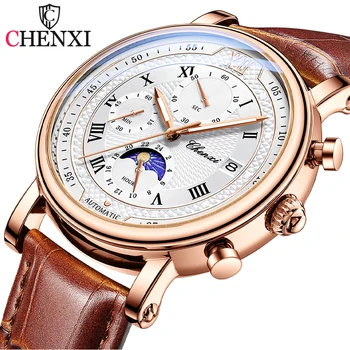 Мужские кварцевые часы CHENXI Роскошные Спортивные Водонепроницаемые хронографы со светящейся датой Мужские наручные часы Деловые кожаные часы Clock