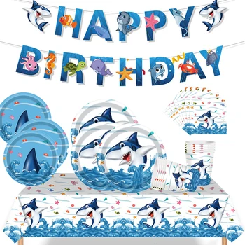 Вечеринка в стиле океанской акулы, день рождения, Одноразовая посуда, тарелка, баннер, украшения, фон, принадлежности для вечеринки в океанской тематике