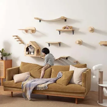 Настенные полки для кошек, деревянная педаль, гамак для кошек, 4-ступенчатая лестница, Стенка для лазания, набор мебели для кошек, Кошка на стене