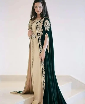 Зеленый Марокканский Кафтан, мусульманские вечерние платья трапециевидной формы, Бархатные аппликации, Дубайский Арабский Турецкий кафтан, Исламское вечернее платье