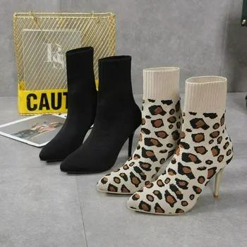 Трикотажные эластичные женские ботинки с леопардовым принтом, модные пикантные вечерние туфли на высоком каблуке с острым носком, нескользящие туфли большого размера