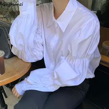 Рубашки Женские с пышными рукавами и складками, Корейский стиль, однотонный простой дизайн для отдыха в стиле Харадзюку, свободная мода, отложной воротник, Винтажная резинка