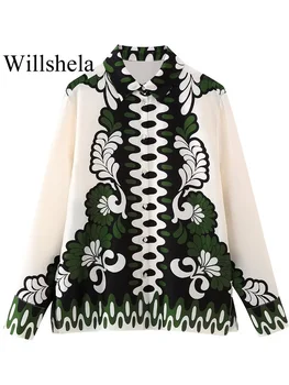 Willshela Женская Однобортная блузка с модным принтом, винтажный вырез с лацканами, Длинные рукава, женские шикарные рубашки для леди