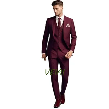 Роскошные бордовые костюмы для мужчин, блейзер с вырезами на лацканах, однобортный свадебный костюм, обычные наряды, куртка, брюки, жилет