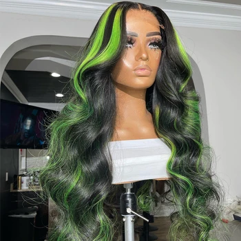 Бесплатная часть, зеленая подсветка, черный кружевной фронтальный парик для женщин, парики с объемной волной, термостойкие волокнистые волосы, синтетические кружевные фронтальные парики
