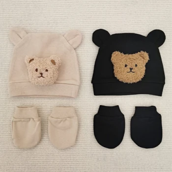 Модная детская шапочка и изящные перчатки против царапин, комбинированная шапочка для новорожденных с варежками QX2D