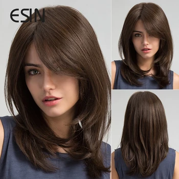 Синтетический темно-коричневый парик ESIN, парики с длинными волнами для женщин, Парик с челкой, Термостойкий, для вечеринок, ежедневного естественного использования