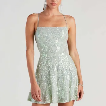 Коктейльное платье для женщин 2024, Блестящее, расшитое бисером, с перекрестным ремешком, на шнуровке, без спинки, Сарафан для ночного клуба, Вечернее платье для вечеринки