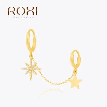 Женские серьги ROXI из стерлингового серебра 925 пробы, цепочка, Двойной пирсинг, подвеска в виде звезды и Луны, шикарные украшения на годовщину