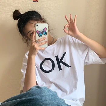 Свободная футболка с буквенным принтом Ok, Женские футболки, топы, Японские каваи, женские Улззанги, Корейская одежда в стиле харадзюку Для женщин