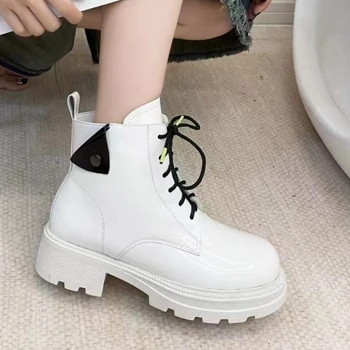 Женские ботильоны на массивном каблуке, 2023 Осенние новые женские туфли на платформе, модные женские короткие сапоги на шнуровке с увеличенным носком