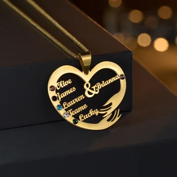 Изготовленное на заказ Семейное ожерелье с 1-6 именами, цепочка-коробка, Персонализированное Сердце, Съемный кулон, Колье из горного хрусталя, ювелирные изделия для женщин, подарок для девочек
