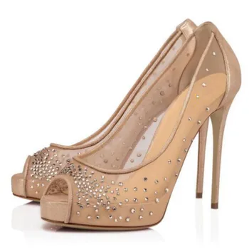 Обувь SHOFOO/ Модные женские туфли на высоком каблуке Высотой около 12 см из сетчатой ткани; Летняя женская обувь; туфли-лодочки с открытым носком и кристалалми