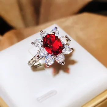 Кольцо с красным сапфиром в виде цветка огранки принцессы 5A, оригинальные серебряные подвески 925 пробы, Обручальные украшения, открытые кольца для женщин