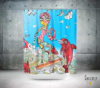 Занавеска для душа Rainbow Surfer Girl, океанские волны, рисунок дельфина, Забавные аксессуары для ванной в стиле хиппи и бохо, нарисованные художником Художником