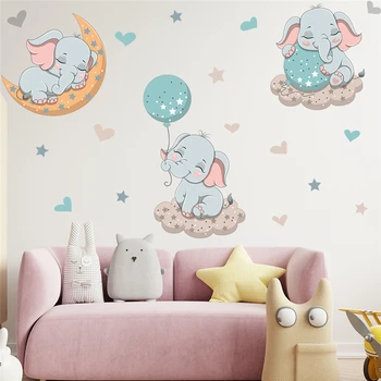 Счастливая семья Слонов, спящая на облаке, Луна, Наклейка на стену для детской спальни, Украшение дома, Настенная роспись с животными, Наклейки из ПВХ, плакат