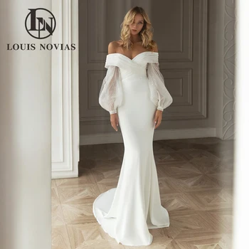 Свадебное платье LOUIS NOVIAS Mermaid 2023 с открытыми плечами, Съемный пышный рукав, Блестящее атласное свадебное платье Vestidos De Novia