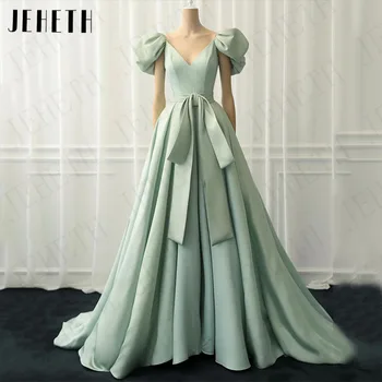 Атласное вечернее платье JEHETH с пышными рукавами, длинное платье Принцессы, элегантное платье трапециевидной формы, мятно-зеленый бант, V-образный вырез на выпускной