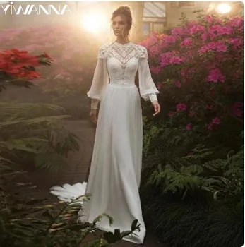 Винтажное платье с высоким воротником и длинными рукавами для невесты, Классическое свадебное платье с кружевными аппликациями, простое шифоновое свадебное платье в пол
