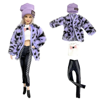 NK 1 Комплект: Фиолетовое Пальто Ручной Работы + Шляпа + Розовая Рубашка С Бантом + Брюки Для Куклы Барби 1/6 Модная Одежда Игрушки Аксессуары
