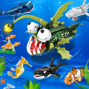 Креативный морской мир животных Рыба-удильщик Рыба-клоун Кит Косатка Морской конек Модель Акулы Набор строительных блоков Развивающие игрушки для детей Gif