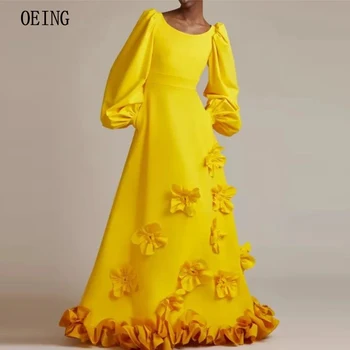 Роскошные Вечерние Платья OEING Yellow 3D Flowers 2024 С Длинными рукавами И Оборками, Платье Для Выпускного Вечера