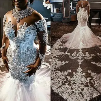 Свадебные платья Русалки с длинными рукавами, Кружевная аппликация, Расшитая бисером И Кристаллами, Свадебные платья на заказ