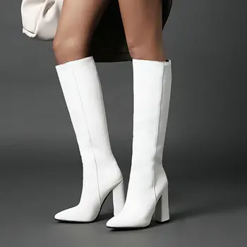 ZawsThia/ пикантные женские ботинки с острым носком на блочном высоком каблуке, темно-синие, белые, для верховой езды, роскошная брендовая зимняя обувь, женские сапоги до колена
