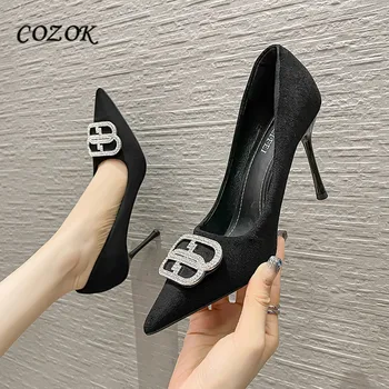 2023 Женская Обувь Модные Пикантные Черные Туфли для Женщин на Элегантных Высоких Каблуках