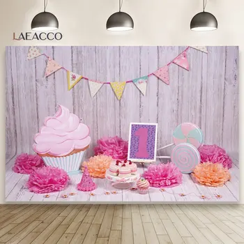 Фон из розово-красного дерева Laeacco Вечеринка по случаю 1-го дня рождения, торт-мороженое, цветочный пол, детский портрет, фон для фото