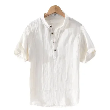 Новая летняя мужская повседневная Свободная модная Универсальная льняная рубашка-пуловер, однотонный воротник Поло, молодежная рубашка большого размера в стиле ретро с коротким рукавом