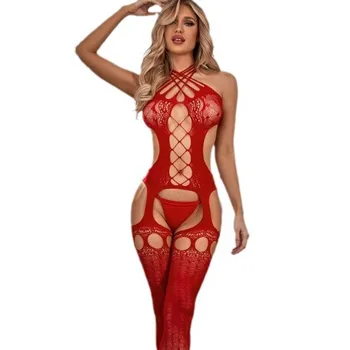 Красные Сексуальные чулки для тела, женский комбинезон в сеточку с открытой промежностью, сетчатые колготки, нижнее белье, эротическое боди, пижамы