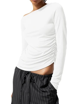 Женские осенние укороченные топы, нерегулярные футболки с открытыми плечами и рюшами, длинные рукава, сексуальные облегающие футболки