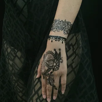 Водонепроницаемые Сексуальные Черные наклейки с временными татуировками из кружева Хной в металлическом стиле, поддельные татуировки, товары для боди-арта, татуировки