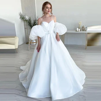 Свадебные платья со съемными рукавами из белого атласа 2022 на бретельках-спагетти, свадебные платья в стиле милой невесты, бальное платье Vestido De Novia