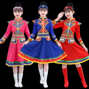 Детский костюм для монгольских танцев, сценический костюм для выступлений национальных меньшинств, юбка для девочек, халат