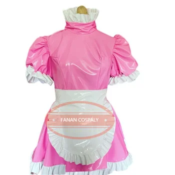 Мода Для Взрослых Сексуальный Кроссдрессинг Розовый ПВХ Белый Фартук Платье Сисси Ролевая Игра Горничной Запираемый Настраиваемый Множественный