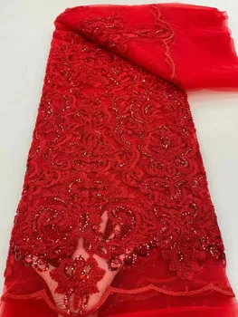 Красная Африканская Кружевная ткань из бисера 2024 года, Высококачественная Вышивка из ткани Жениха Для женщин, Ярдов Рождественского Свадебного платья