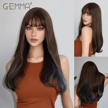 Синтетический смешанный сине-коричневый парик, длинные волнистые парики с челкой для косплея, Повседневное использование, натуральные волосы для женщин, Термостойкое волокно