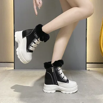 Женские меховые зимние ботинки с толстой подошвой, короткие ботинки на каблуке 7 см с круглым носком, теплая плюшевая платформа, модные повседневные ботильоны