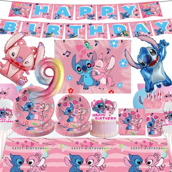 Украшения для дня рождения Disney Stitch, Фон для баннеров для розовых девочек, Бумажные стаканчики, тарелки, Салфетки, Посуда, Воздушные шары, декор, принадлежности для вечеринок