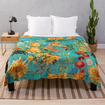 Бирюзовое Винтажное одеяло для летнего ботанического сада, Фланелевое одеяло, Шерстяное одеяло