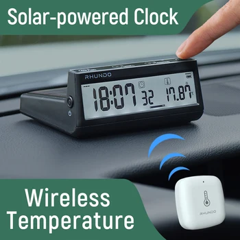 Солнечные автомобильные часы RHUNDO, Беспроводная температура с подсветкой, ЖК-экран, приборная панель, Время, Дата, температура в помещении, на открытом воздухе, дисплей RCW-S10
