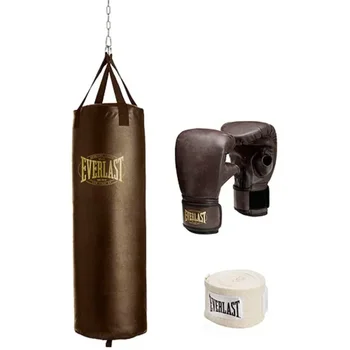 Комплект винтажных тяжелых сумок весом 100 фунтов, включающий боксерскую грушу, боксерские перчатки и 108-дюймовые накладки для рук.